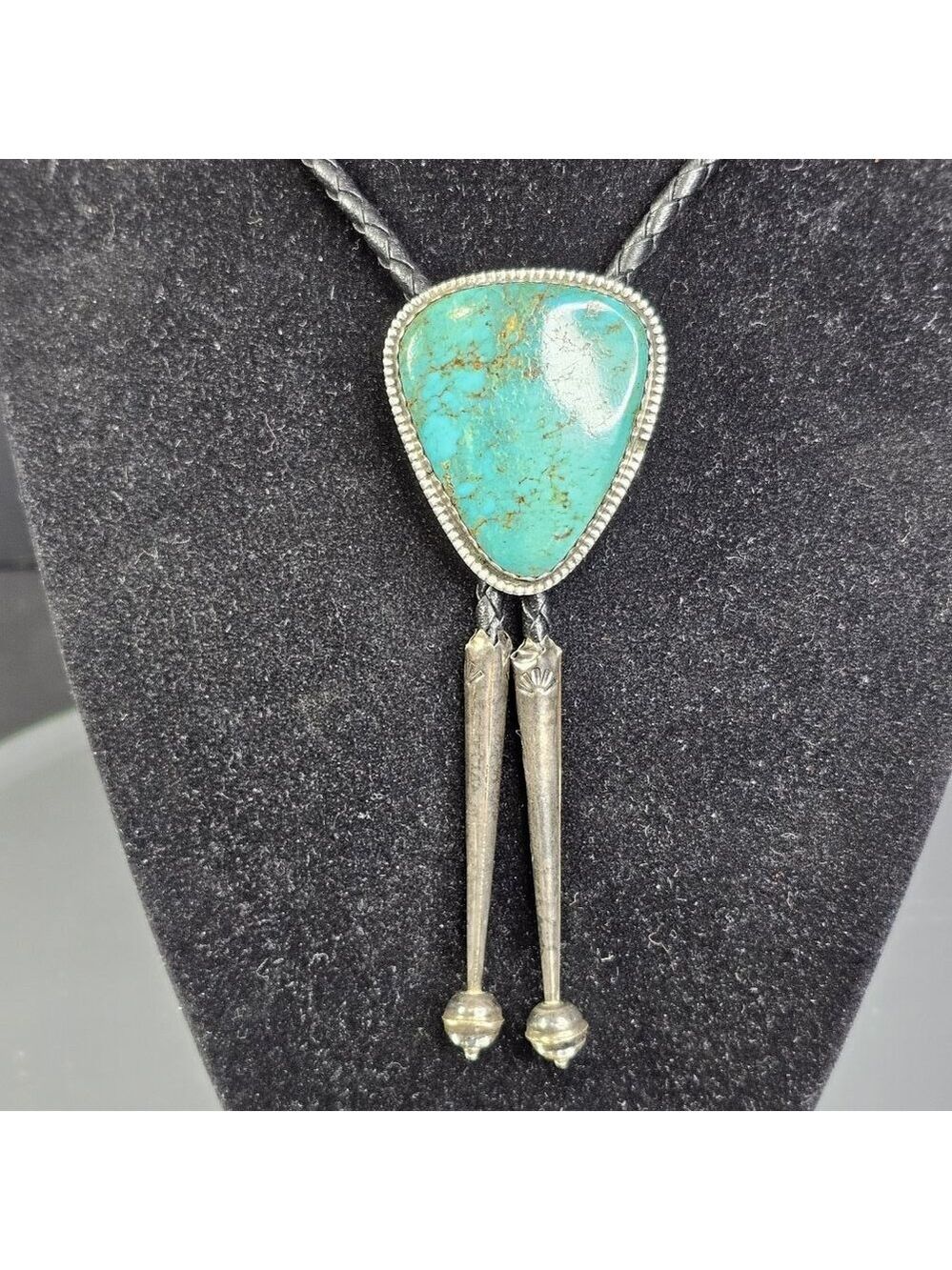 Navajo Turquoise On Silver BOLO Tie Hallmarked K E E with Sterling 925 Tips KEE - Picture 16 of 16